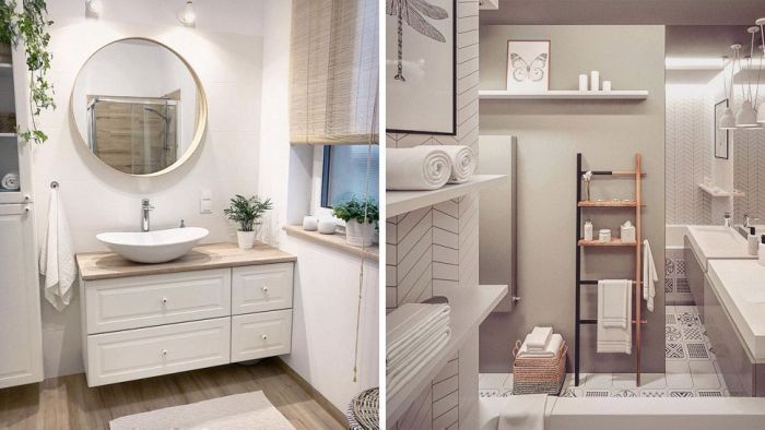 Kamar mandi Scandinavian dengan lemari kecil